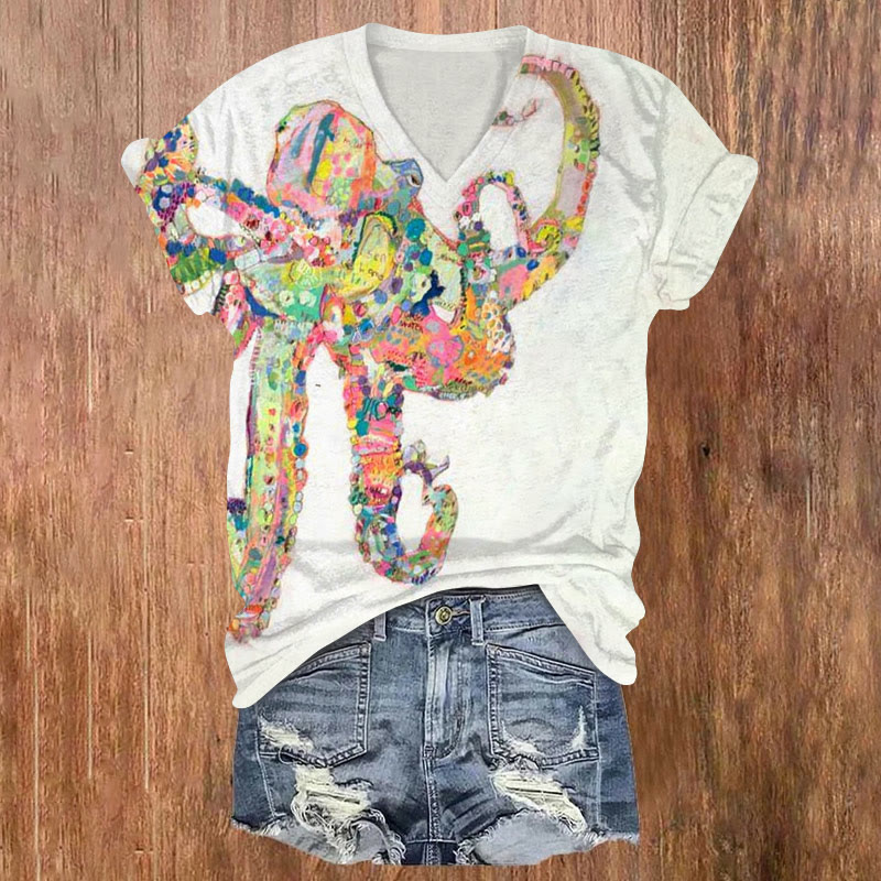 Colorful Oil Painting Octopus Print V-neck T-shirt - White - US32-34(5XL) - image 1