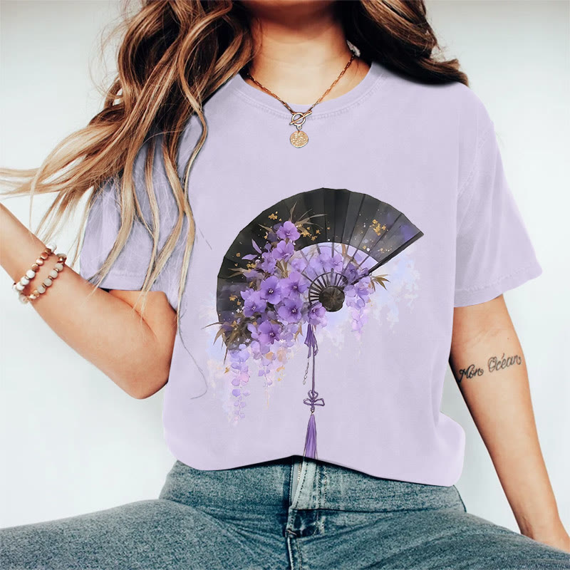100% Cotton Women's Japanese Style Floral Fan Art Print Casual T-shirt - Purple - 2XL - image 1