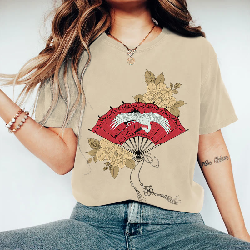 100% Cotton Women's Japanese Style Floral Crane Fan Art Print Casual T-shirt - Khaki - 2XL - image 1