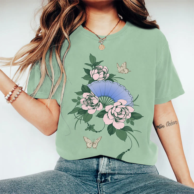 100% Cotton Women's Japanese Style Floral Butterfly Fan Art Print Casual T-shirt - Green - 2XL - image 1