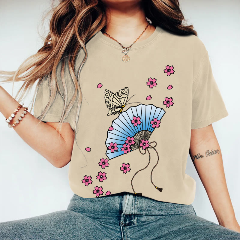 100% Cotton Women's Japanese Style Butterfly Floral Fan Art Print Casual T-shirt - Khaki - 2XL - image 1