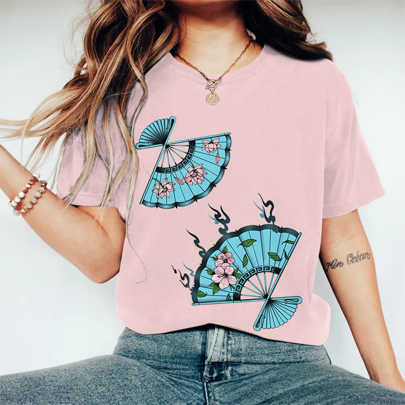 100% Cotton Women's Japanese Style Flower Fan Art Print Casual T-shirt - Pink - 2XL - image 1