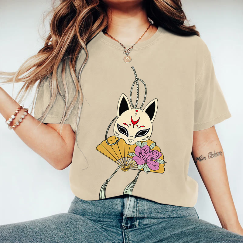 100% Cotton Women's Japanese Style Fox Mask Flower Fan Art Print Casual T-shirt - Khaki - 2XL - image 1
