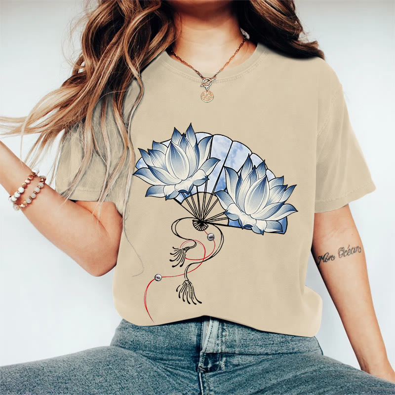 100% Cotton Women's Japanese Style Blue Flower Fan Art Print Casual T-shirt - Khaki - 2XL - image 1