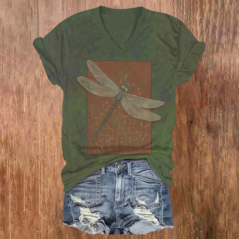 Retro Dragonfly & Wheat Art Print V-neck T-shirt - Green - US32-34(5XL) - image 1