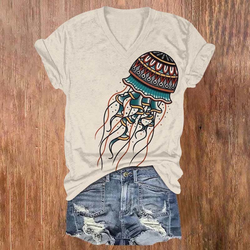 Creative Ethnic Style Jellyfish Art Print V-neck T-shirt - Apricot - US32-34(5XL) - image 1