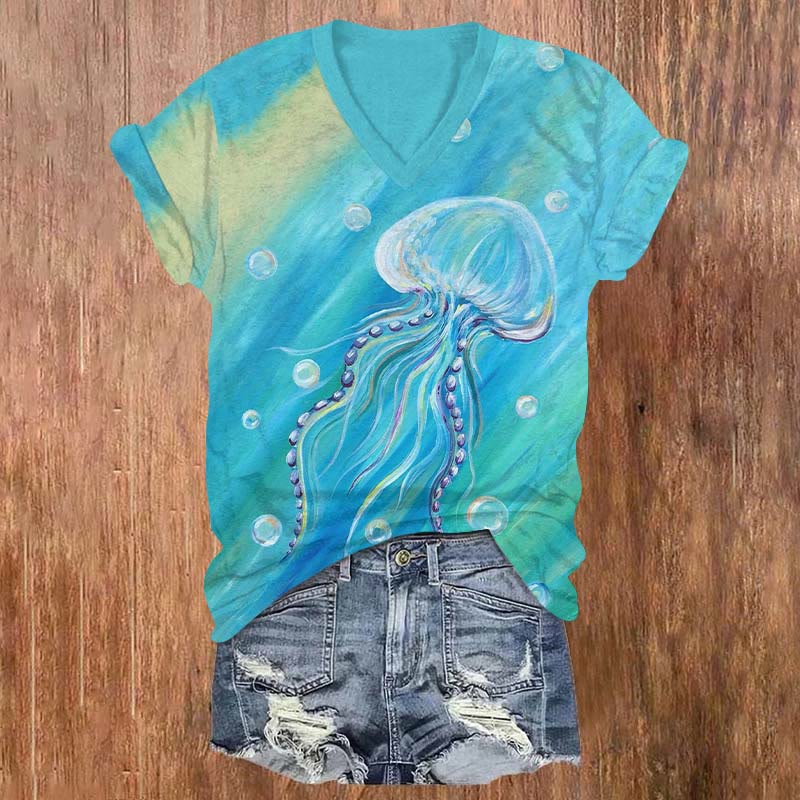 Oil Painting Bubble Jellyfish Art Print V-neck T-shirt - Blue - US32-34(5XL) - image 1