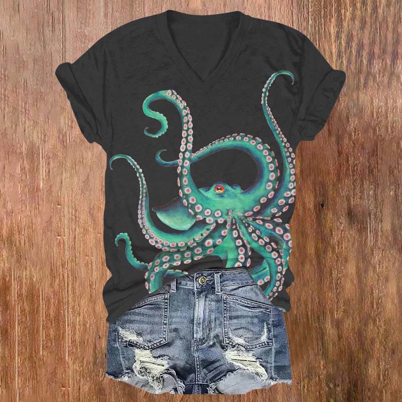 Mystical Watercolor Octopus Art Print V-neck T-shirt - Black - US32-34(5XL) - image 1