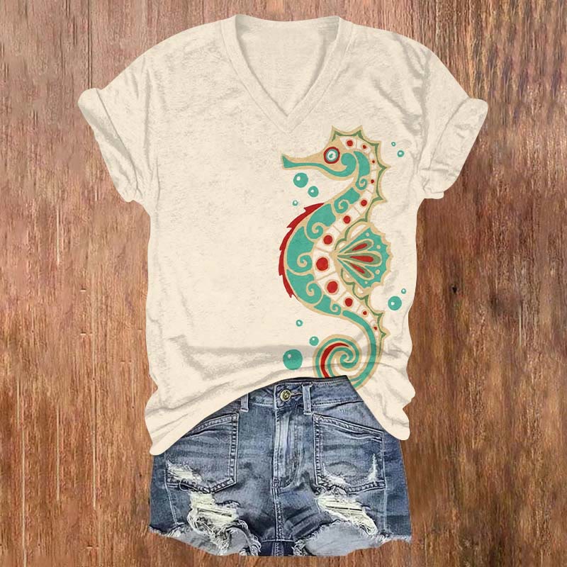 Funny Seahorse Art Print V-neck T-shirt - Apricot - US32-34(5XL) - image 1