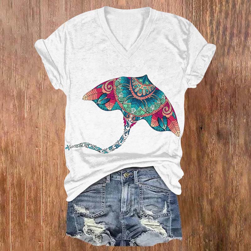 Creative Leaf Patchwork Ray Art Print V-neck T-shirt - White - US32-34(5XL) - image 1