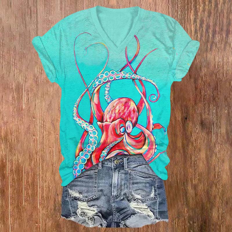 Colorful Octopus Art Print V-neck T-shirt - Lake Blue - US32-34(5XL) - image 1