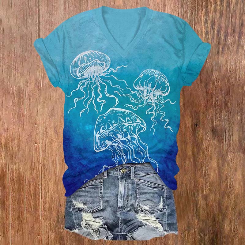 Funny Transparent Jellyfish Print V-neck T-shirt - Blue - US32-34(5XL) - image 1