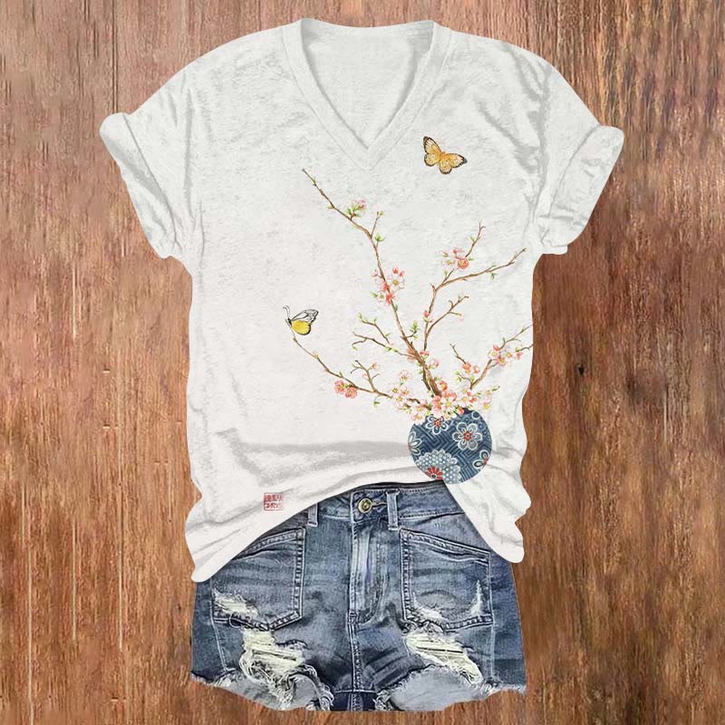 Japanese Vintage Spring Blossom & Butterfly Art Print V-neck T-shirt - White - US32-34(5XL) - image 1