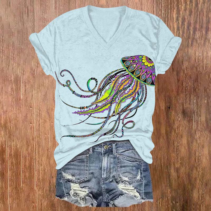 Vintage Ethnic Floral Jellyfish Art Print V-neck T-shirt - Light Blue - US32-34(5XL) - image 1