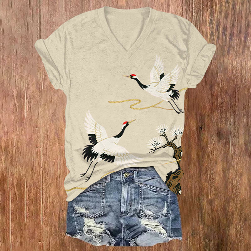 Japanese Vintage White Crane Art Print V-neck T-shirt - Apricot - US32-34(5XL) - image 2