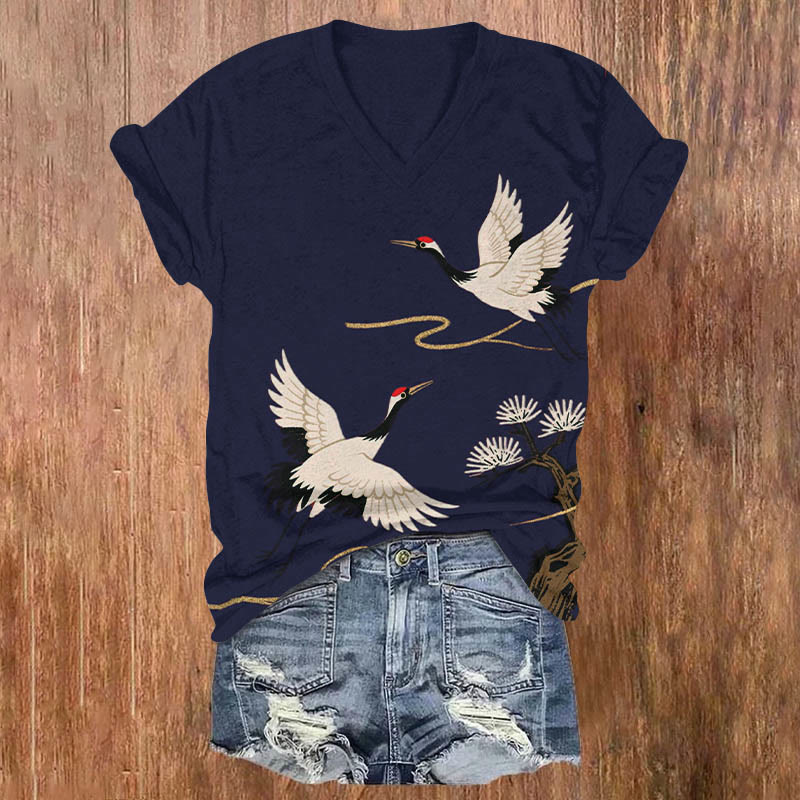 Japanese Vintage White Crane Art Print V-neck T-shirt - Blue - US32-34(5XL) - image 4