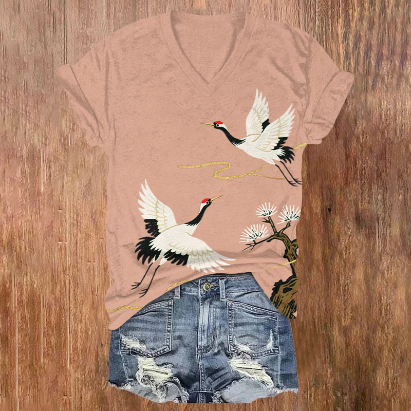 Japanese Vintage White Crane Art Print V-neck T-shirt - Pink - US32-34(5XL) - image 3