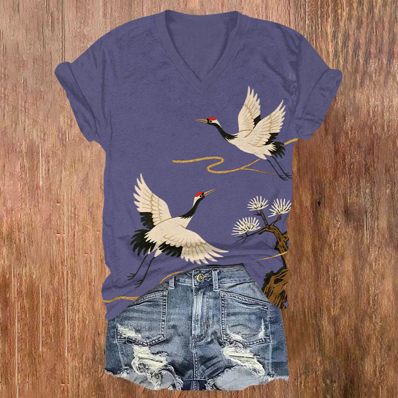 Japanese Vintage White Crane Art Print V-neck T-shirt - Purple - US32-34(5XL) - image 6