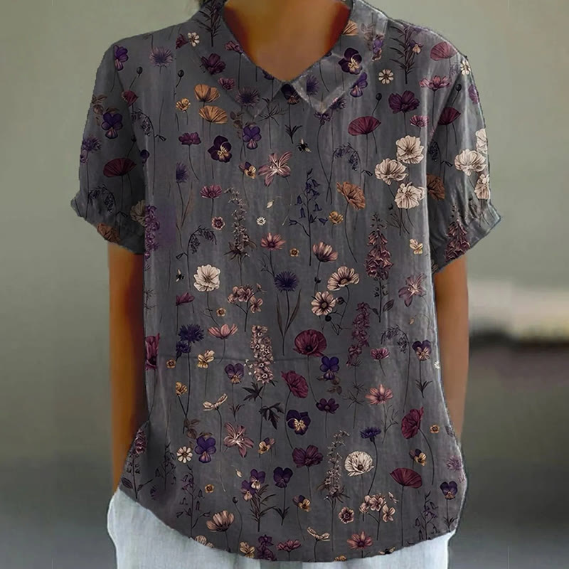 Women's Flower Art Print Casual Cotton And Linen Shirt - Dark Grey - 6XL - image 1