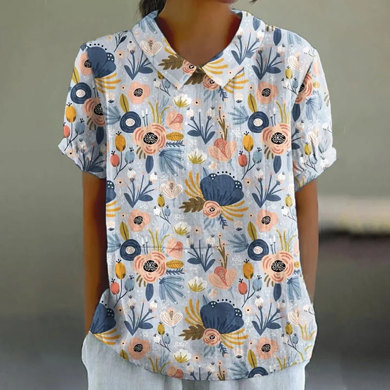 Women's Flower Art Print Casual Cotton And Linen Shirt - Blue - 6XL - image 1