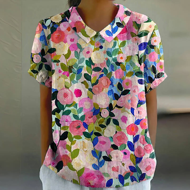 Colorful Spring Floral Garden Printed Women's Casual Cotton And Linen Shirt - Multicolor - 6XL - image 1