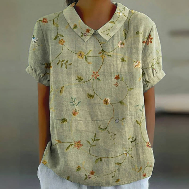 Women's Retro Floral Art Print Casual Cotton And Linen Shirt - Green - 6XL - image 1