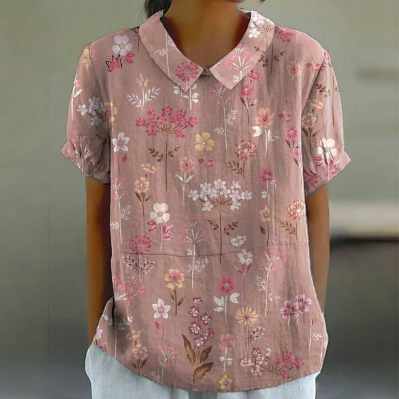 Women's Floral Print Casual Cotton And Linen Shirt - Pink - 6XL - image 1