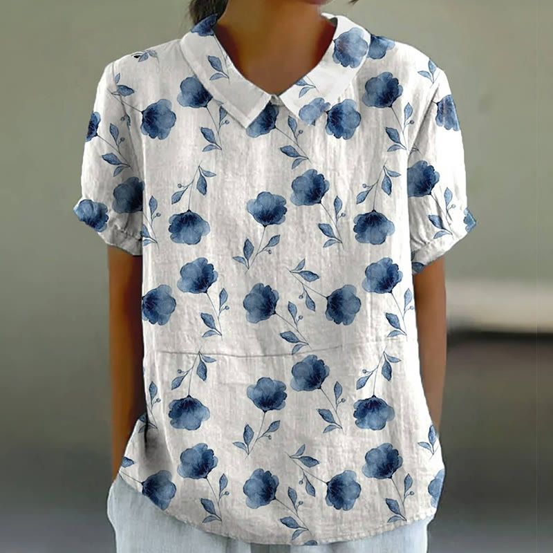 Women's Small Blue Ink Flowers Print Casual Cotton And Linen Shirt - Blue - 6XL - image 1
