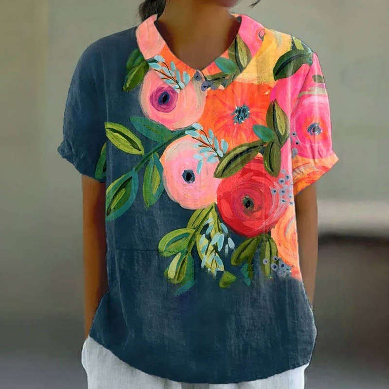 Women's Floral Art Print Casual Cotton Shirt - Blue - 6XL - image 1