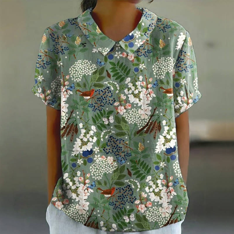 Women's Retro Flower Art Print Casual Cotton And Linen Shirt - Green - 6XL - image 1
