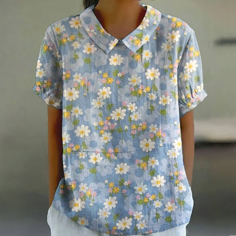 Women's Retro Flower Art Print Casual Cotton And Linen Shirt - Blue - 6XL - image 1