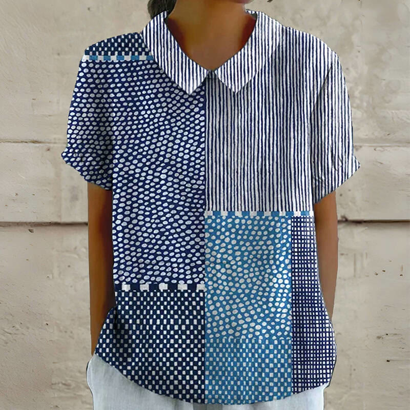 Women's Retro Polka Dot Art Print Casual Cotton And Linen Shirt - Blue - 6XL - image 1