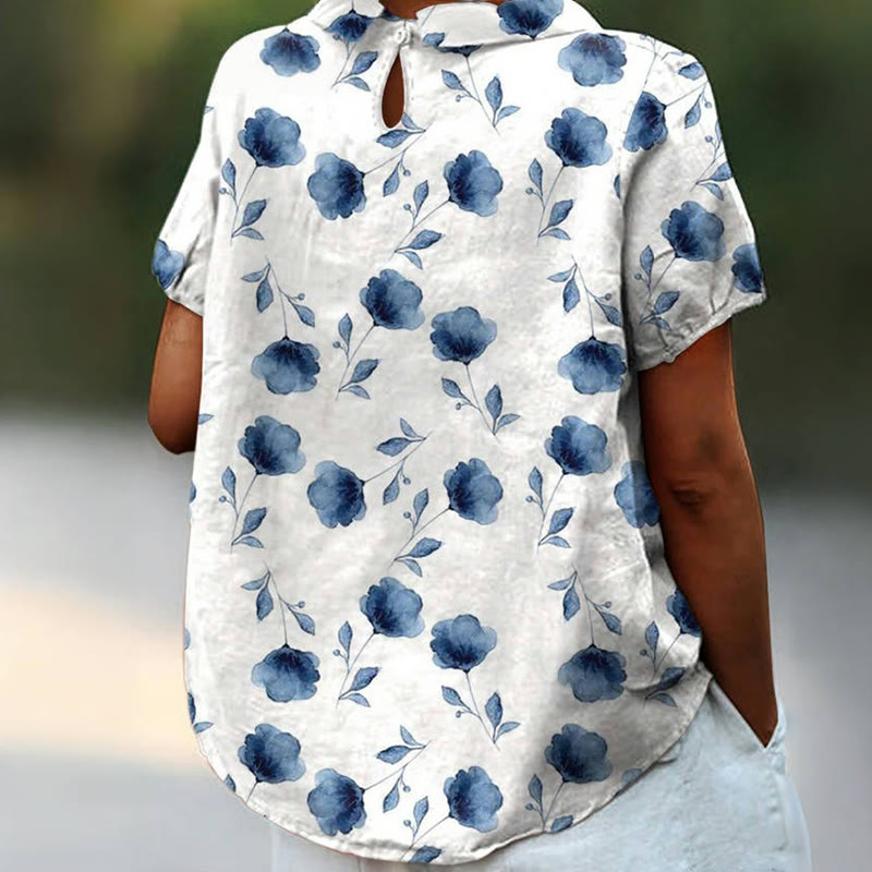 Women's Small Blue Ink Flowers Print Casual Cotton And Linen Shirt - image 2
