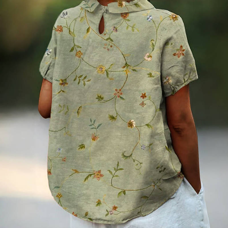 Women's Retro Floral Art Print Casual Cotton And Linen Shirt - image 2