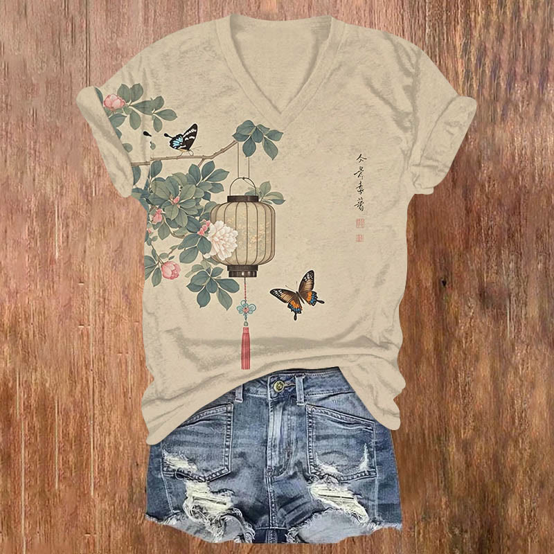 Japanese Vintage Butterfly Flower Lantern Print V-neck T-shirt - Khaki - US32-34(5XL) - image 1