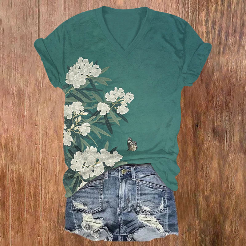Lovely Begonia Blossom & Butterfly Art Print V-neck T-shirt - Green - US32-34(5XL) - image 1
