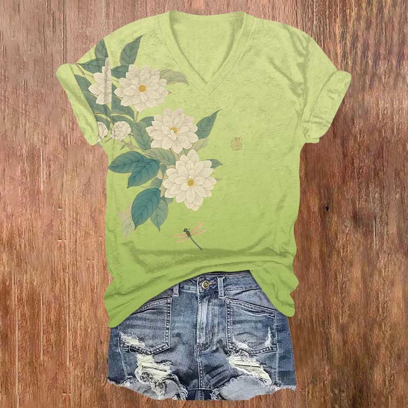 Vintage Begonia Blossom & Dragonfly Art Print V-neck T-shirt - Light Green - US32-34(5XL) - image 1