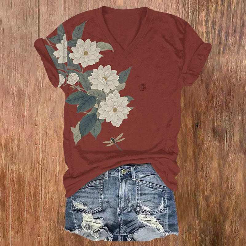 Vintage Begonia Blossom & Dragonfly Art Print V-neck T-shirt - Red - US32-34(5XL) - image 3
