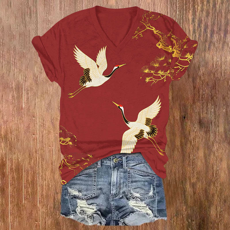 Japanese Vintage Couple Crane Art Print V-neck T-shirt - Red - US32-34(5XL) - image 1