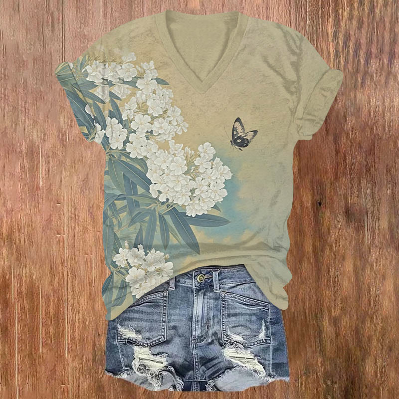 Vintage White Flower Cluster & Butterfly Art Print V-neck T-shirt - Khaki - US32-34(5XL) - image 1