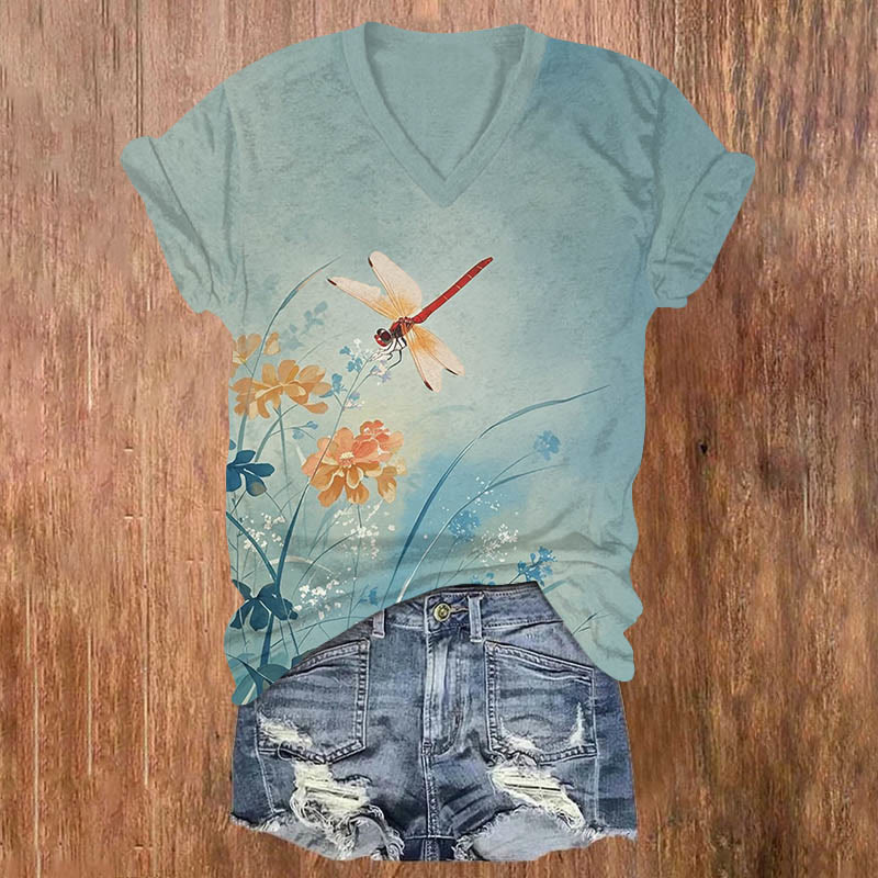 Romantic Dragonfly & Floral Art Print V-neck T-shirt - Blue - US32-34(5XL) - image 1