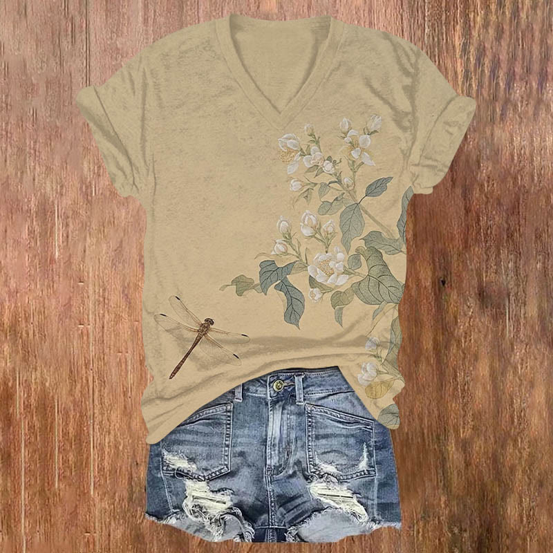Vintage Floral & Dragonfly Art Print V-neck T-shirt - Khaki - US32-34(5XL) - image 1