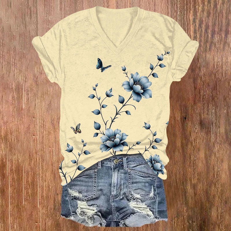  Vintage Blue Chrysanthemum & Butterfly Art Print V-neck T-shirt - Apricot - US32-34(5XL) - image 1