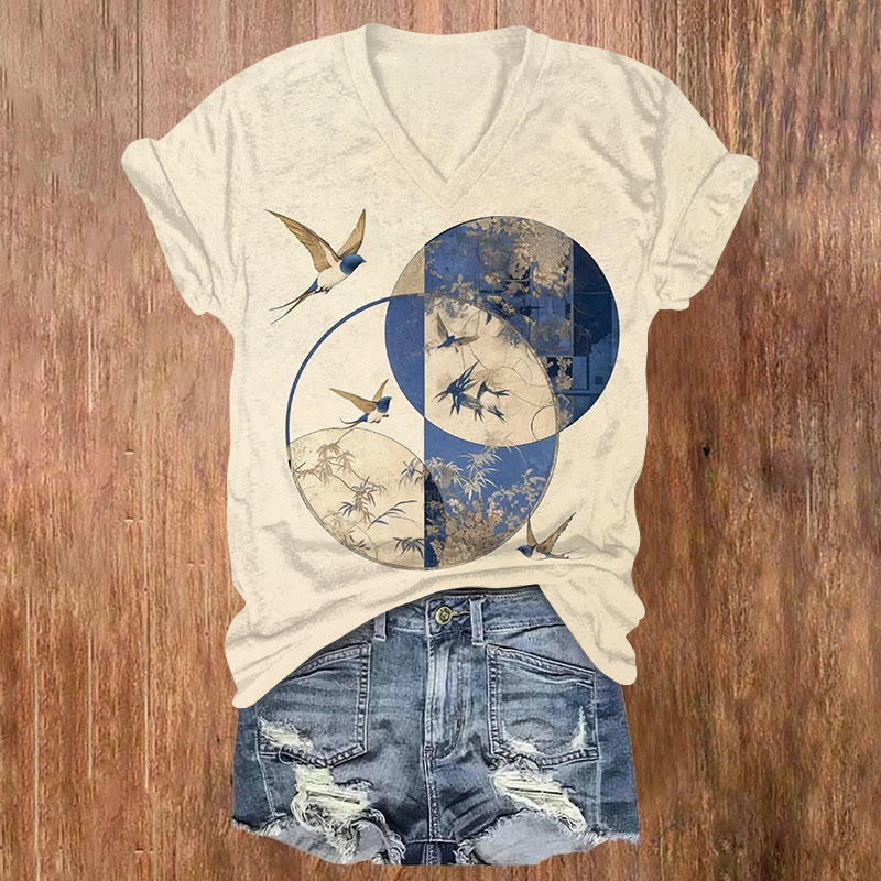 Creative Swallow Floral Moon Art Print V-neck T-shirt - Apricot - US32-34(5XL) - image 1