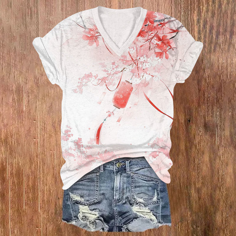 Japanese Vintage Sakura Lantern Art Print V-neck T-shirt - Pink - US32-34(5XL) - image 1