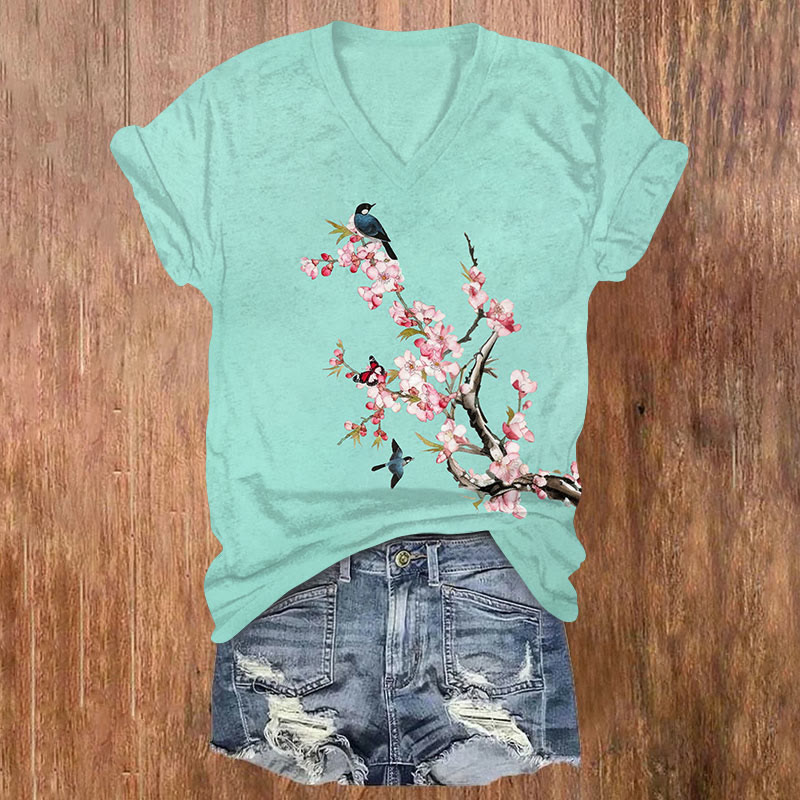 Lovely Bird & Butterfly On Peach Tree Art Print V-neck T-shirt - Lake Blue - US32-34(5XL) - image 1