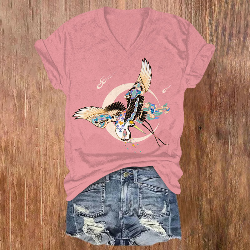 Japanese Creative Ethnic Pattern Bird Art Print V-neck T-shirt - Pink - US32-34(5XL) - image 1