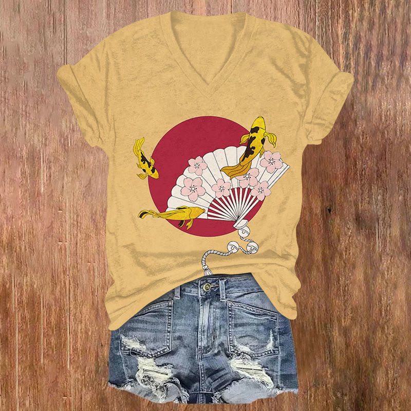 Goldfish Sakura Fan & Sun Print V-neck T-shirt - Yellow - US32-34(5XL) - image 1