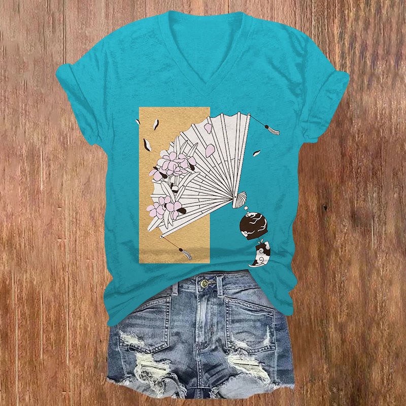 Japanese Classic Floral Fan Art Print V-neck T-shirt - Blue - US32-34(5XL) - image 1