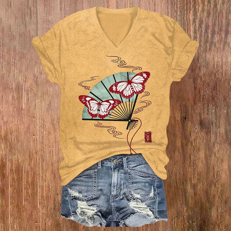 Japanese Vintage Butterfly Fan Art Print V-neck T-shirt - Yellow - US32-34(5XL) - image 1
